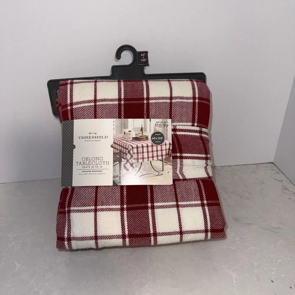 Threshold Plaid Cotton Tablecloth White Red Checked Pattern Oblong NWT 60X120